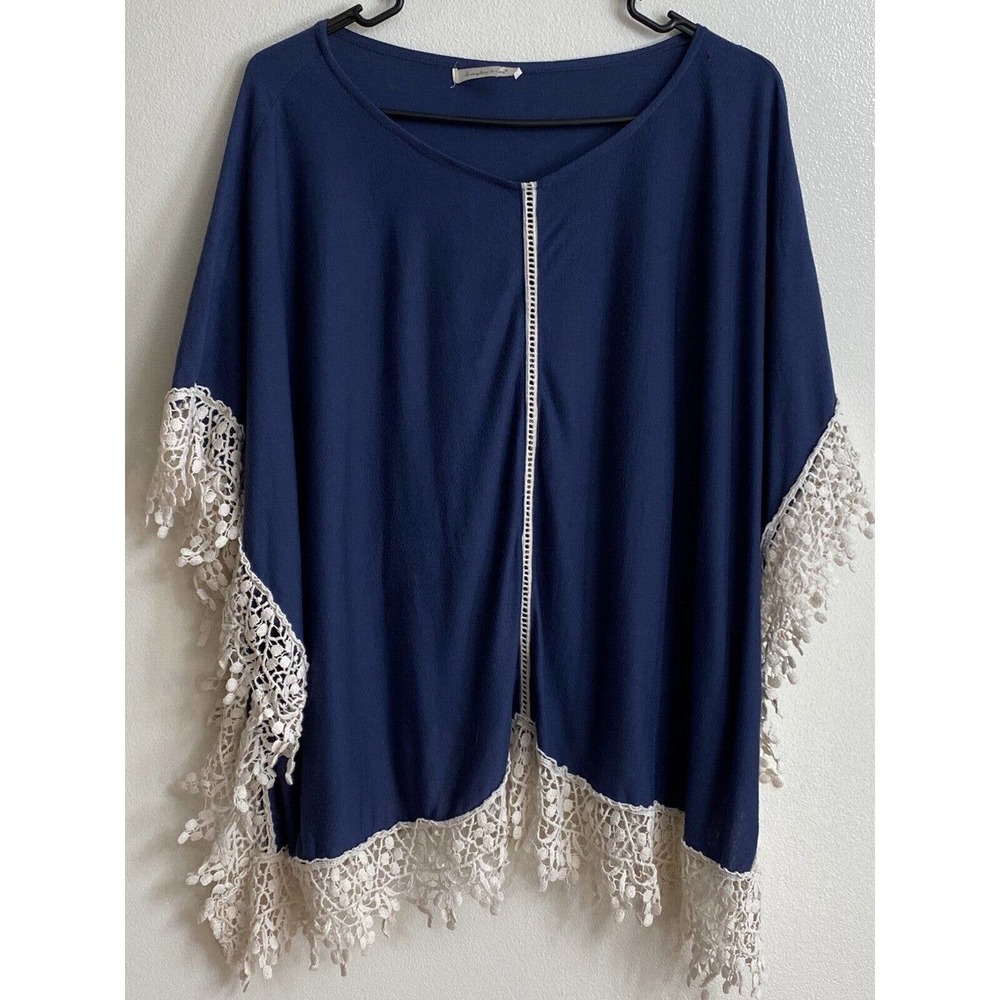 Do Everything In Love Navy Blue Poncho with Crochet Trim One Size